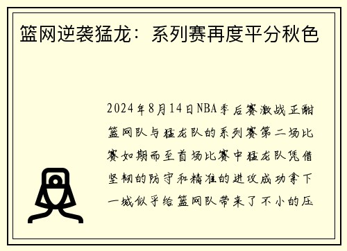 篮网逆袭猛龙：系列赛再度平分秋色